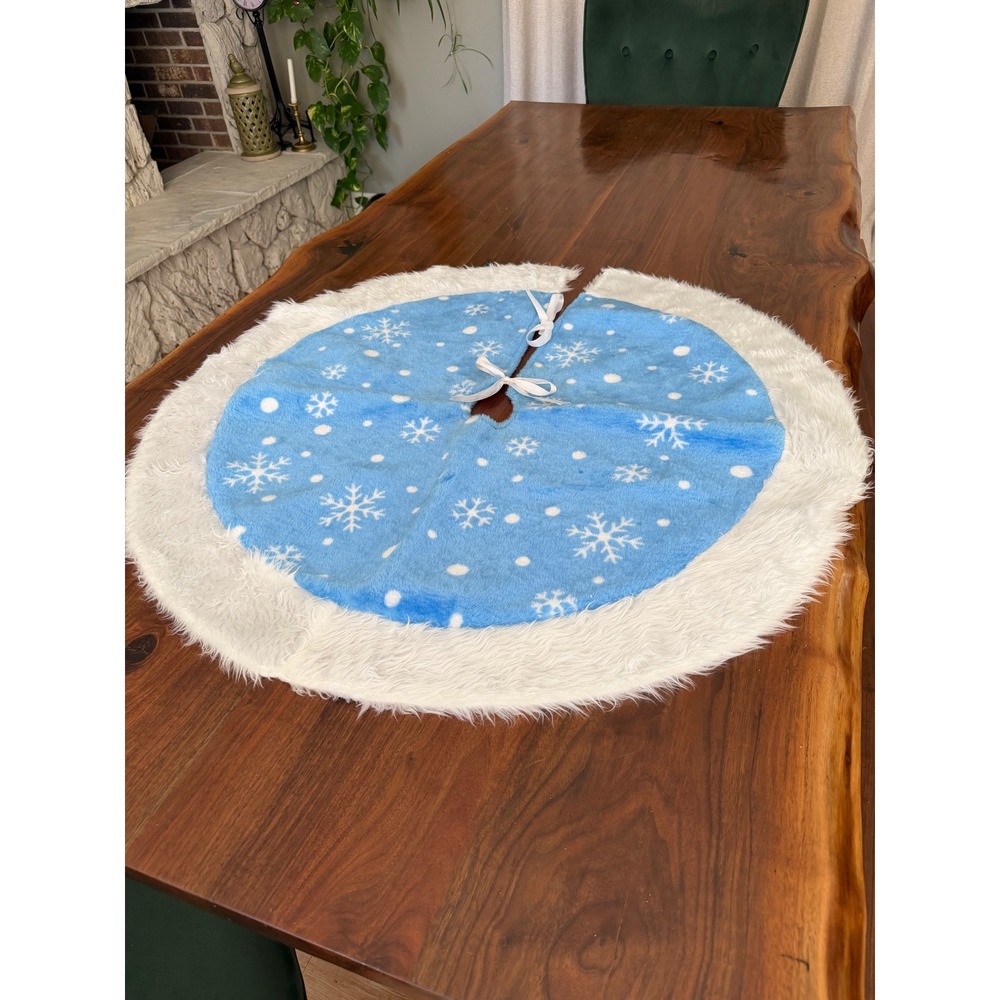 Blue Plush Snowflake Christmas Tree Skirt Faux Fur Trim 38 Inch Holiday Decor